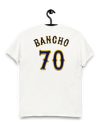 Back view of JAPAN BANCHO 70 T-SHIRT featuring large 'BANCHO 70' print on a white cotton tee.