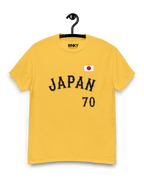 JAPAN BANCHO 70 T-SHIRT in yellow with navy lettering and Japan flag detail, from Binky Comfywear.