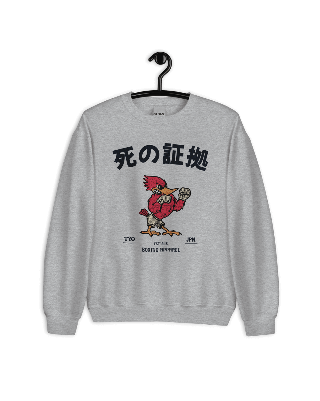 JAPAN BOXING SWEATER featuring a vibrant red bird illustration and Japanese text on a gray background, ultra-soft interior.