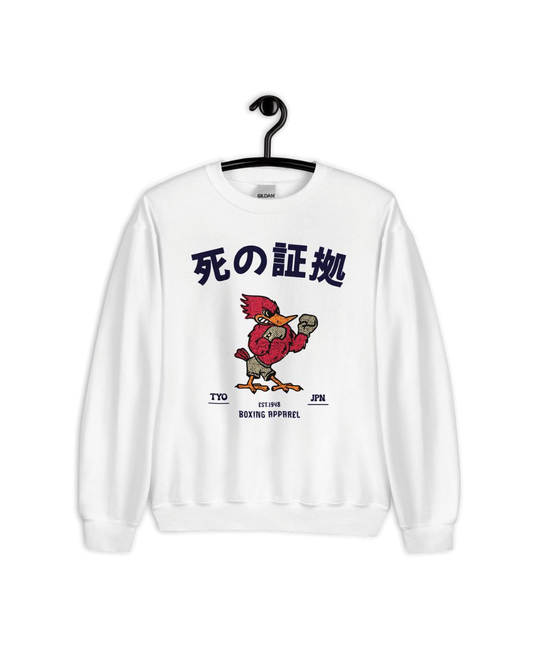 JAPAN BOXING SWEATER featuring a vintage design with a boxing bird mascot on a white background.