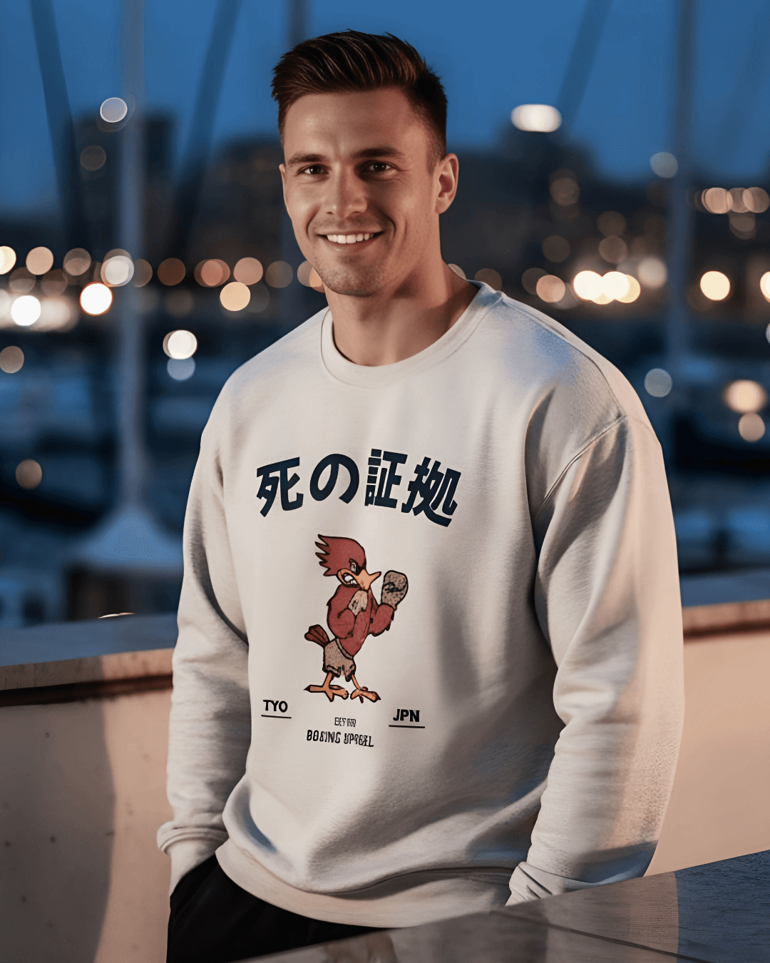 Stylish man wearing JAPAN BOXING SWEATER featuring a unique design, perfect for casual and trendy outfits.