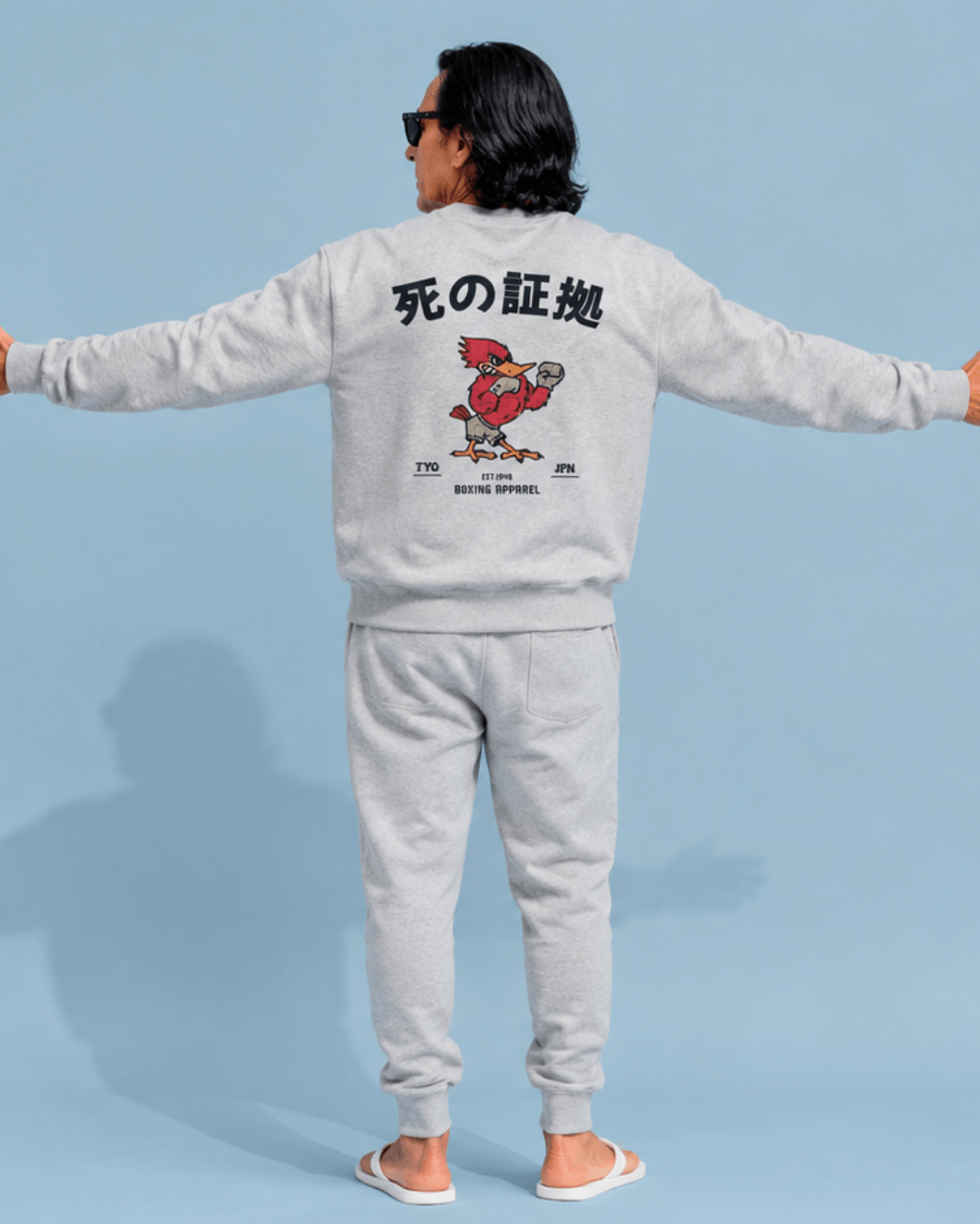 Japanese Boxing Sweater | Retro Fighting Spirit worn by a person with a unique illustration on the back, showcasing the fighting spirit.