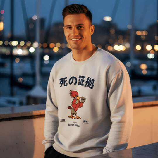 Model wearing a stylish comfywear sweater with a unique graphic design. Shop binky sweaters with free shipping.