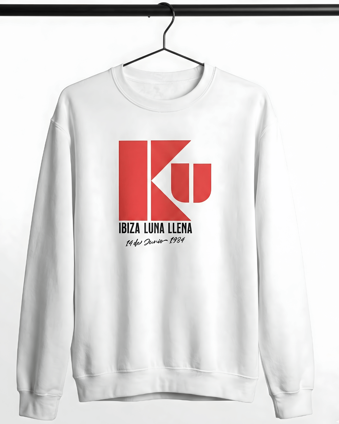KU IBIZA SWEATER | 1984 CLUB LEGEND design featuring iconic logo on white sweatshirt.