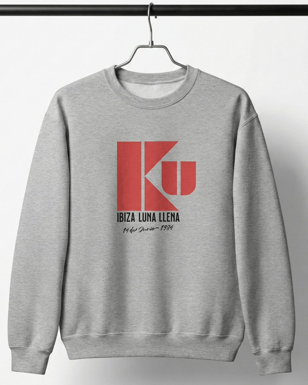 KU IBIZA SWEATER | 1984 CLUB LEGEND in grey with bold logo design and vibrant colors.