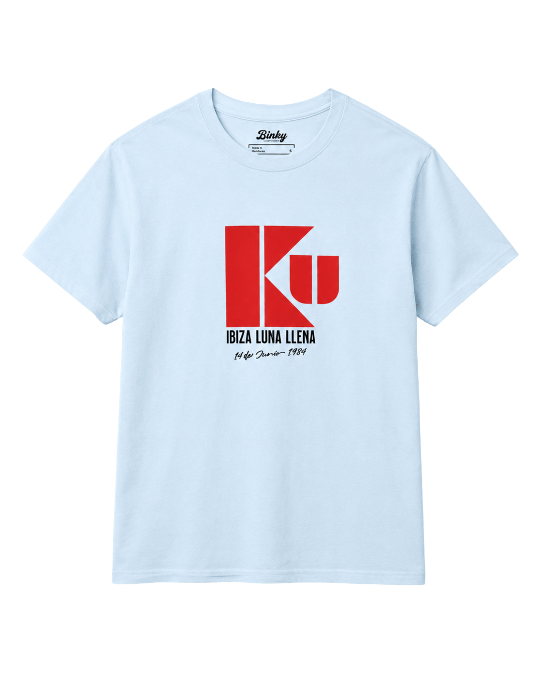 Ku Ibiza T-Shirt | 1984 Club Legend design featuring bold red and black logo on light blue fabric.