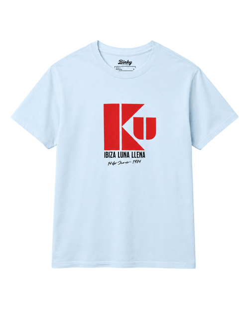 Ku Ibiza T-Shirt | 1984 Club Legend design featuring bold red and black logo on light blue fabric.