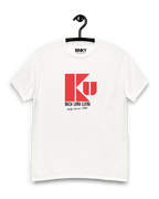 KU IBIZA T-SHIRT displayed on a hanger, featuring bold red branding on soft cotton fabric from Binky comfywear.