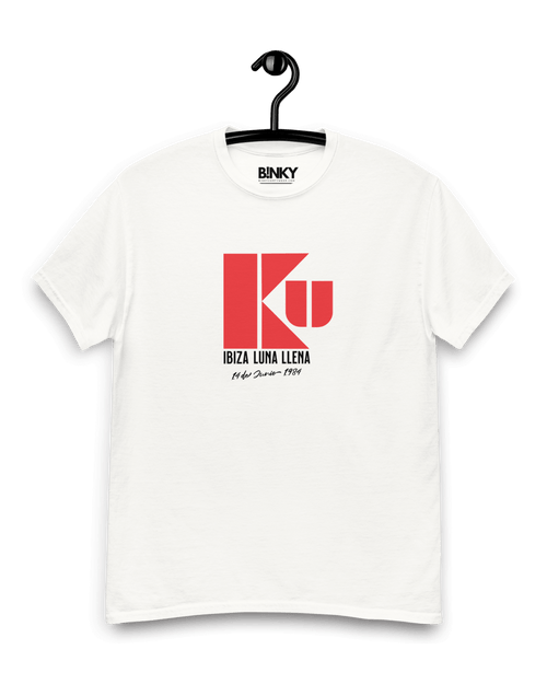 KU IBIZA T-SHIRT displayed on a hanger, featuring bold red branding on soft cotton fabric from Binky comfywear.