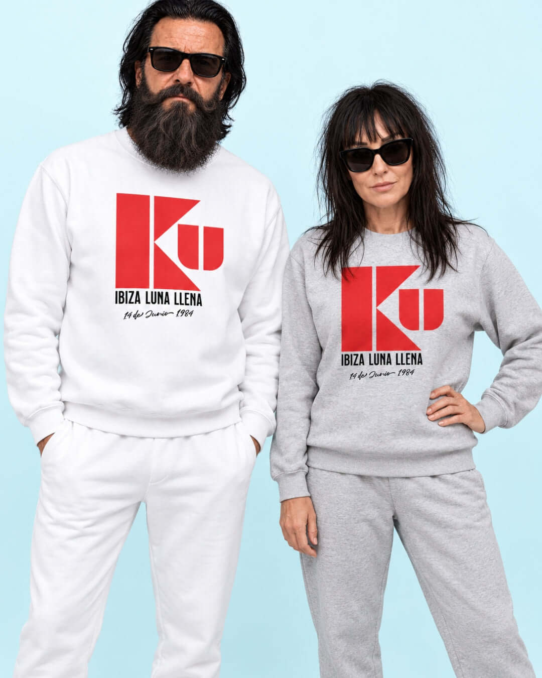Walter in White and Helga in Sport Grey KU Ibiza 1984 Soft Sweaters showing both colourways