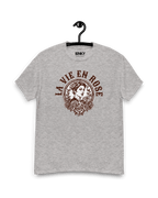 La Vie En Rose T-shirt displayed on a hanger, featuring a feminine design and floral elements in a grey color.