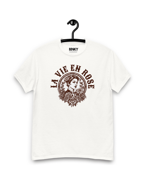 LA VIE EN ROSE T-shirt featuring a vintage-inspired graphic in earthy tones on a white background.