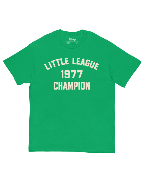 Summer League 1977 T-Shirt featuring vintage championship design and retro style in vibrant green color.