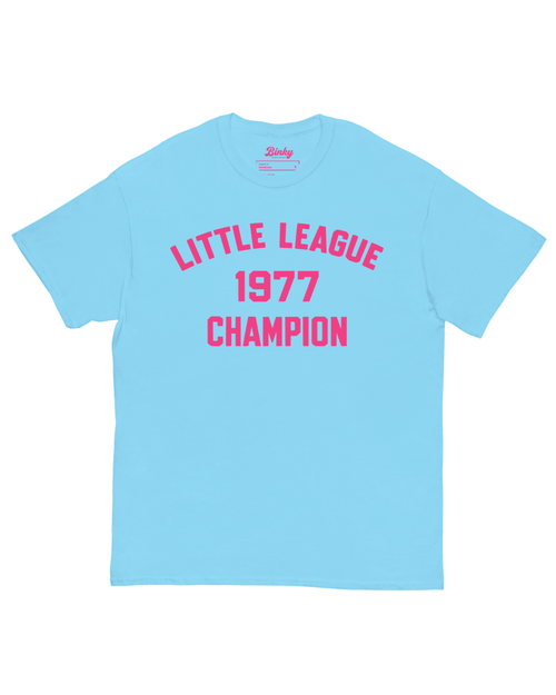 Summer League 1977 T-Shirt featuring a retro design in blue and pink, celebrating championship spirit from 1977.
