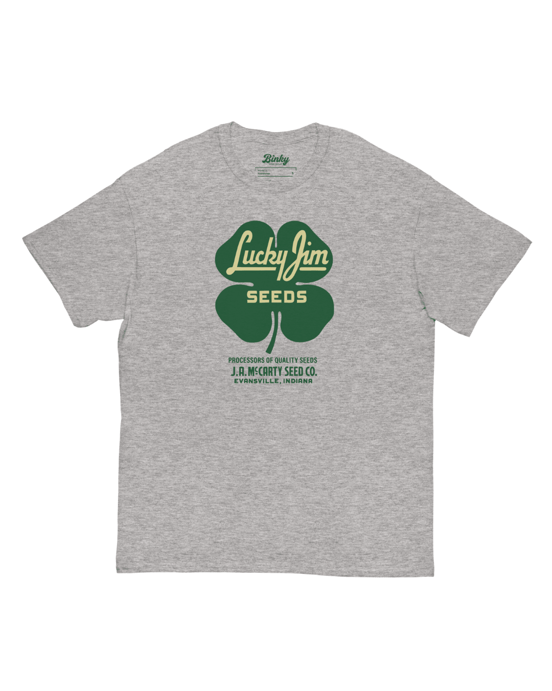 Lucky Jim Seeds T-Shirt in Sport Grey with green four-leaf clover seed-company graphic