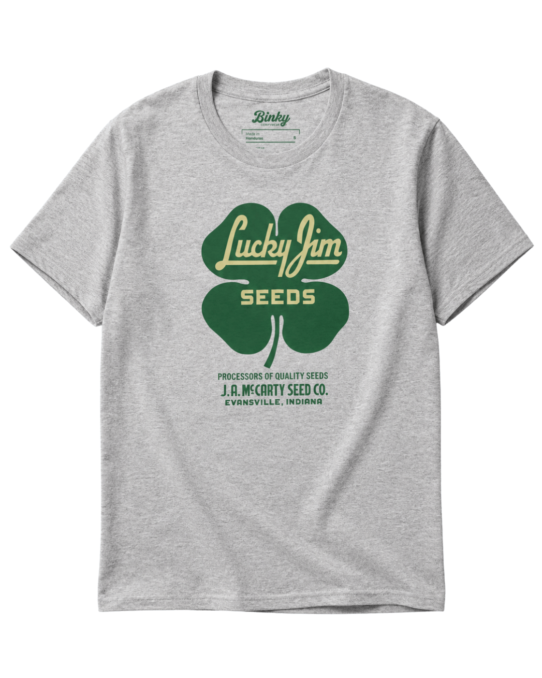 Lucky Jim Seeds T-Shirt | Heritage Workwear featuring a clover design in green on a gray fabric background.