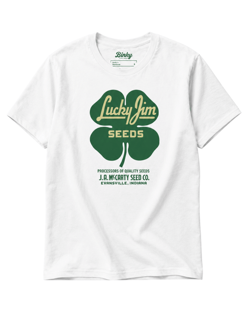 Lucky Jim Seeds T-Shirt | Heritage Workwear design featuring a green clover on a white shirt.