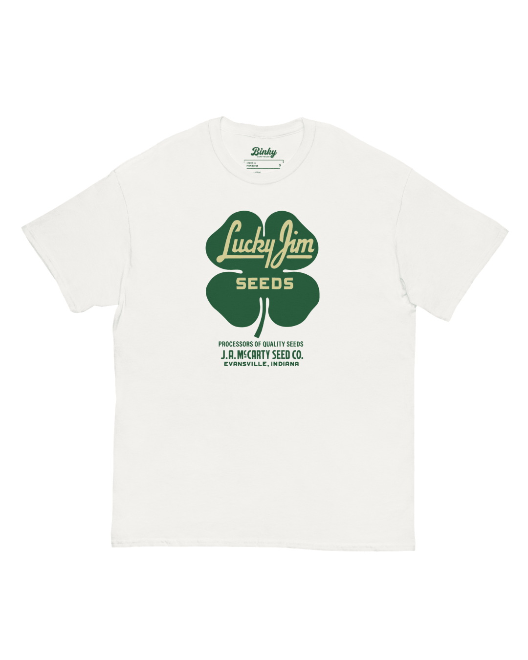 Lucky Jim Seeds T-Shirt in White with green four-leaf clover seed-company graphic