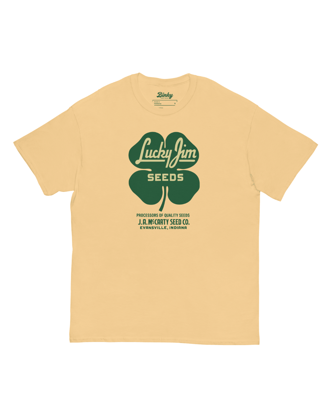 Lucky Jim Seeds T-Shirt in Yellow Haze with green four-leaf clover seed-company graphic