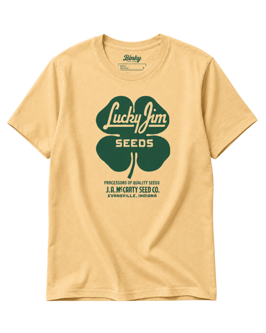 Lucky Jim Seeds T-Shirt | Heritage Workwear featuring a clover design and vintage seed company branding.