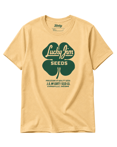 Lucky Jim Seeds T-Shirt | Heritage Workwear featuring a clover design and vintage seed company branding.