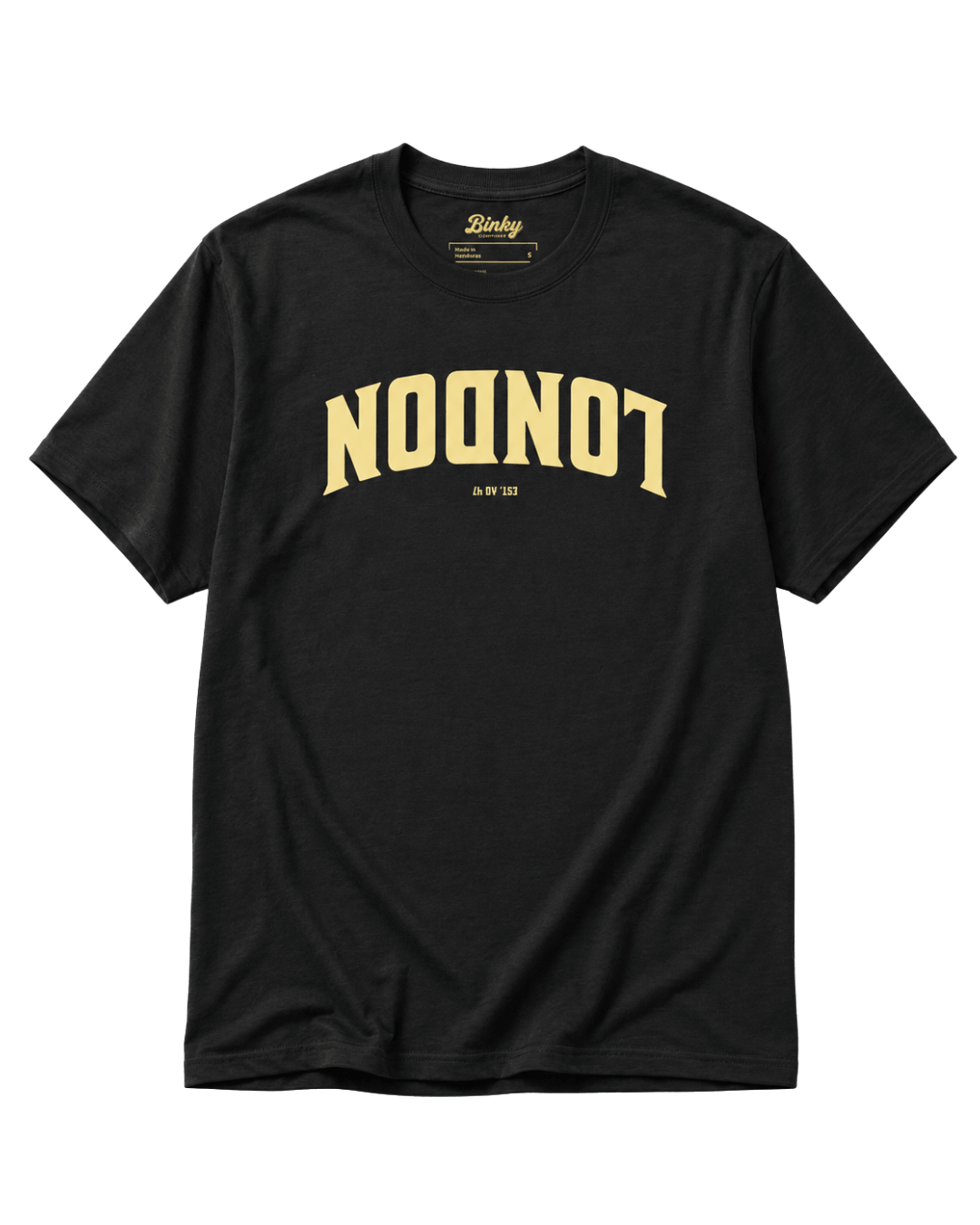 London Est. Ad 47 T-Shirt | Old City Varsity black T-shirt featuring bold 'LONDON' print.