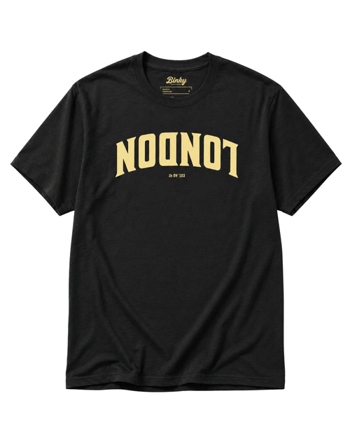 London Est. Ad 47 T-Shirt | Old City Varsity black T-shirt featuring bold 'LONDON' print.