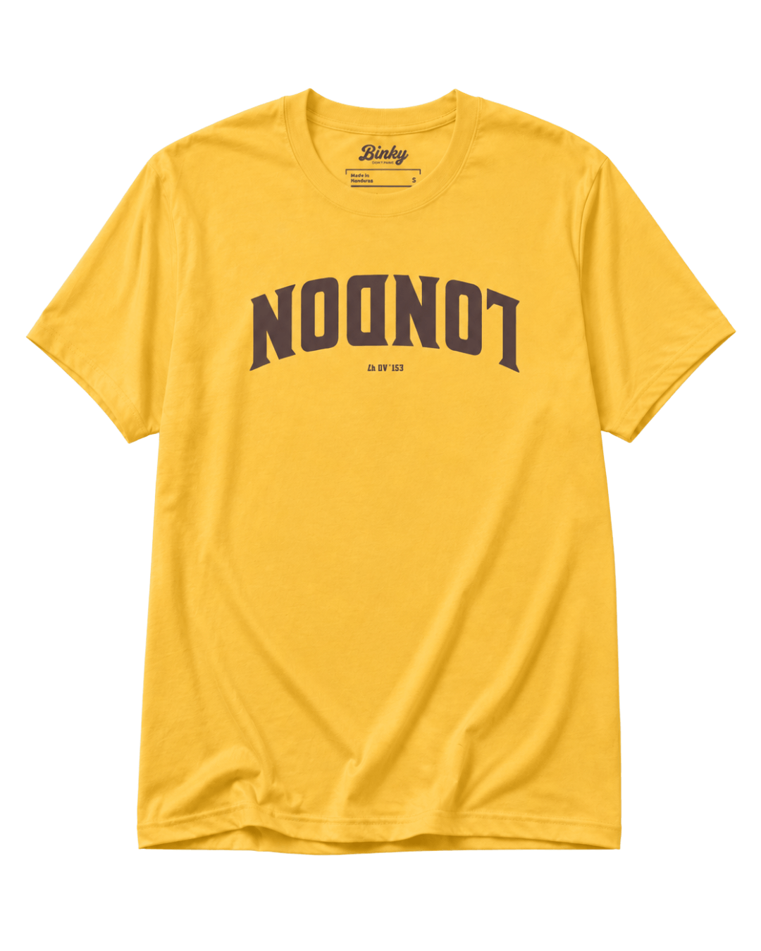 London Est. Ad 47 T-Shirt | Old City Varsity in vibrant yellow color, showcasing bold lettering design.