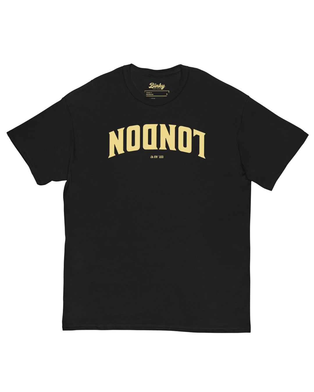 London Est. AD 47 T-Shirt in Black with reversed LONDON varsity graphic