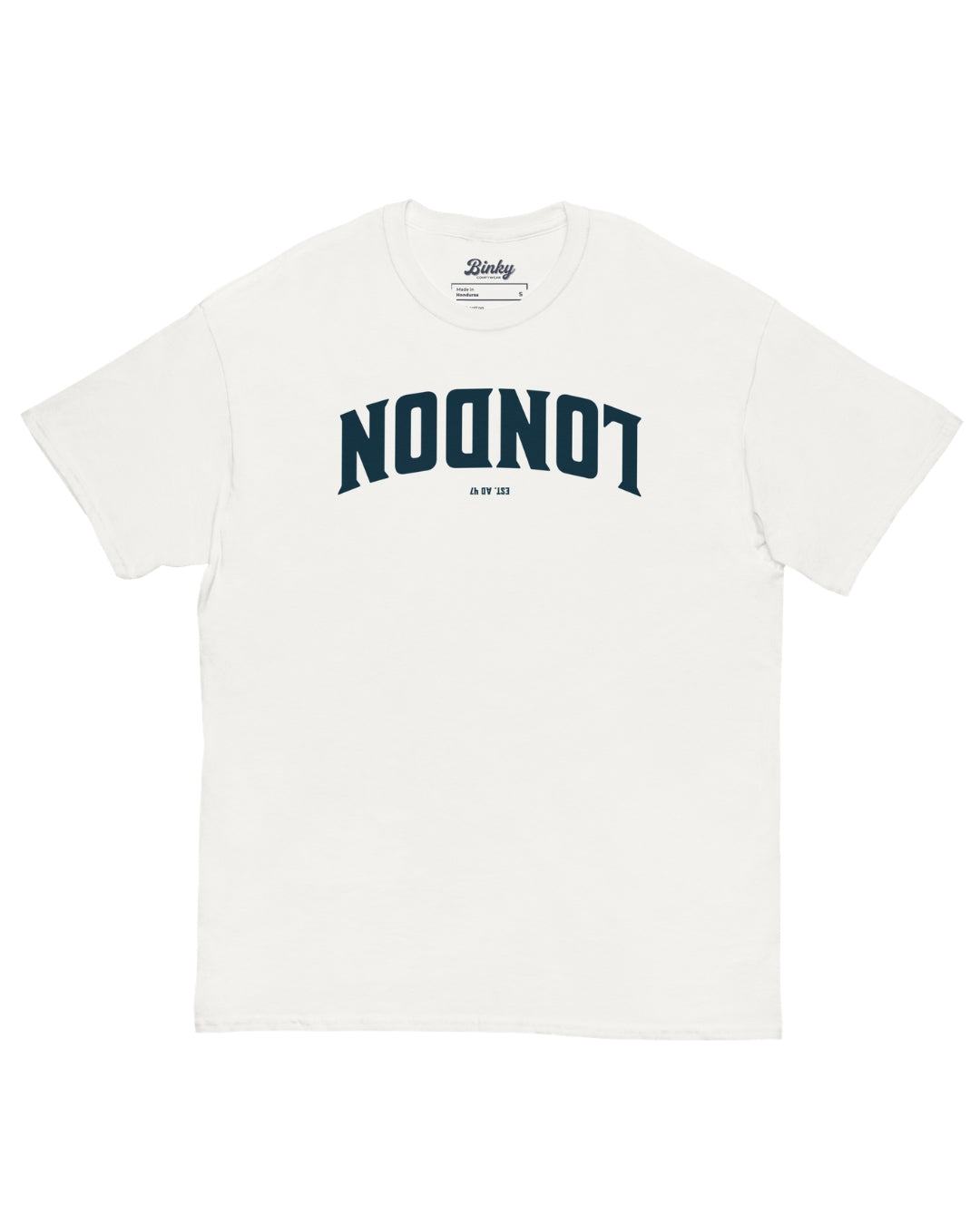London Est. AD 47 T-Shirt in White with reversed LONDON varsity graphic
