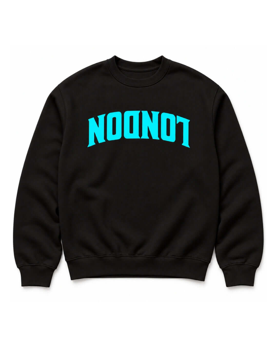 BINKY COMFYWEAR London Heavy Sweater in Black with cyan inverted LONDON front graphic.