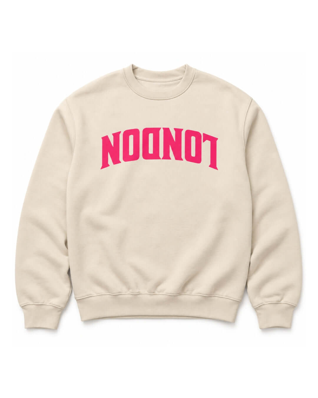BINKY COMFYWEAR London Heavy Sweater in Dust with hot pink inverted LONDON front graphic.