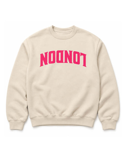 BINKY COMFYWEAR London Heavy Sweater in Dust with hot pink inverted LONDON front graphic.