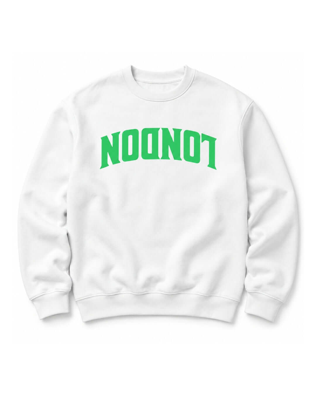 BINKY COMFYWEAR London Heavy Sweater in White with bright green inverted LONDON front graphic.