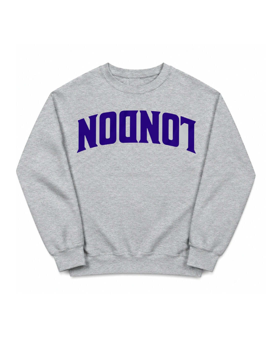 BINKY London Soft Sweater in Sport Grey with purple upside-down LONDON lettering, front view.