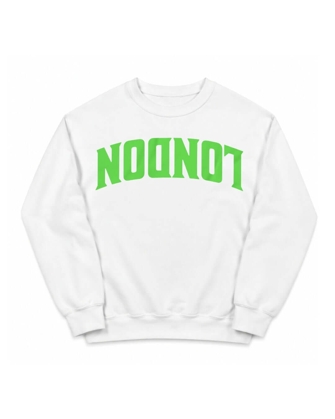 BINKY London Soft Sweater in White with bright green upside-down LONDON lettering, front view.