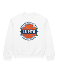 Lupita Naranjas Heavy Sweater in White, front view with oversized heavyweight fit and colourful citrus-label graphic reading Naranjas Selectas, Lupita and Raimundo Puente.