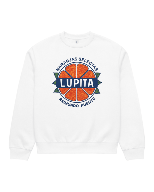 BINKY Lupita Naranjas Heavy Sweater in White, front view with vintage Spanish citrus-label graphic.
