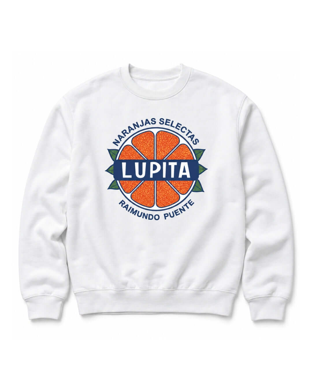 BINKY Lupita Naranjas Heavy Sweater in White, front view with vintage Spanish citrus-label graphic.