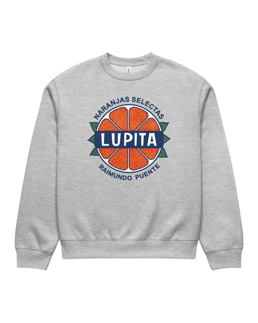 Lupita Naranjas Heavy Sweater in Athletic Heather, front view showing the oversized fit and navy, orange and green Lupita Naranjas citrus graphic.