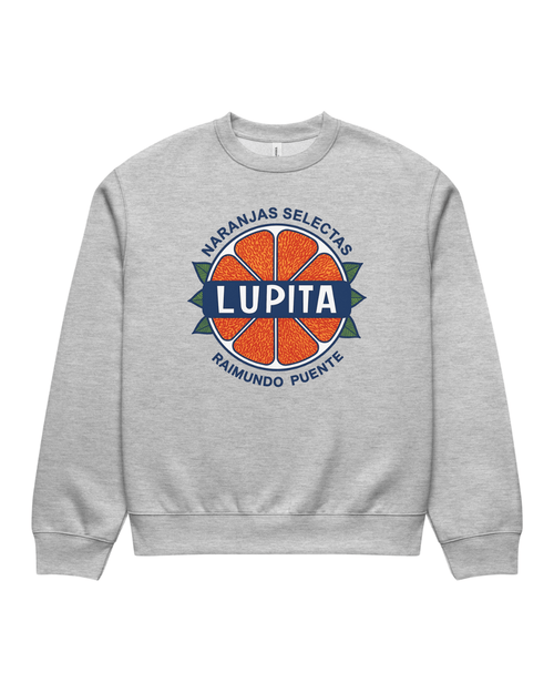 BINKY Lupita Naranjas Heavy Sweater in Athletic Heather, front view with orange, green and navy citrus graphic.