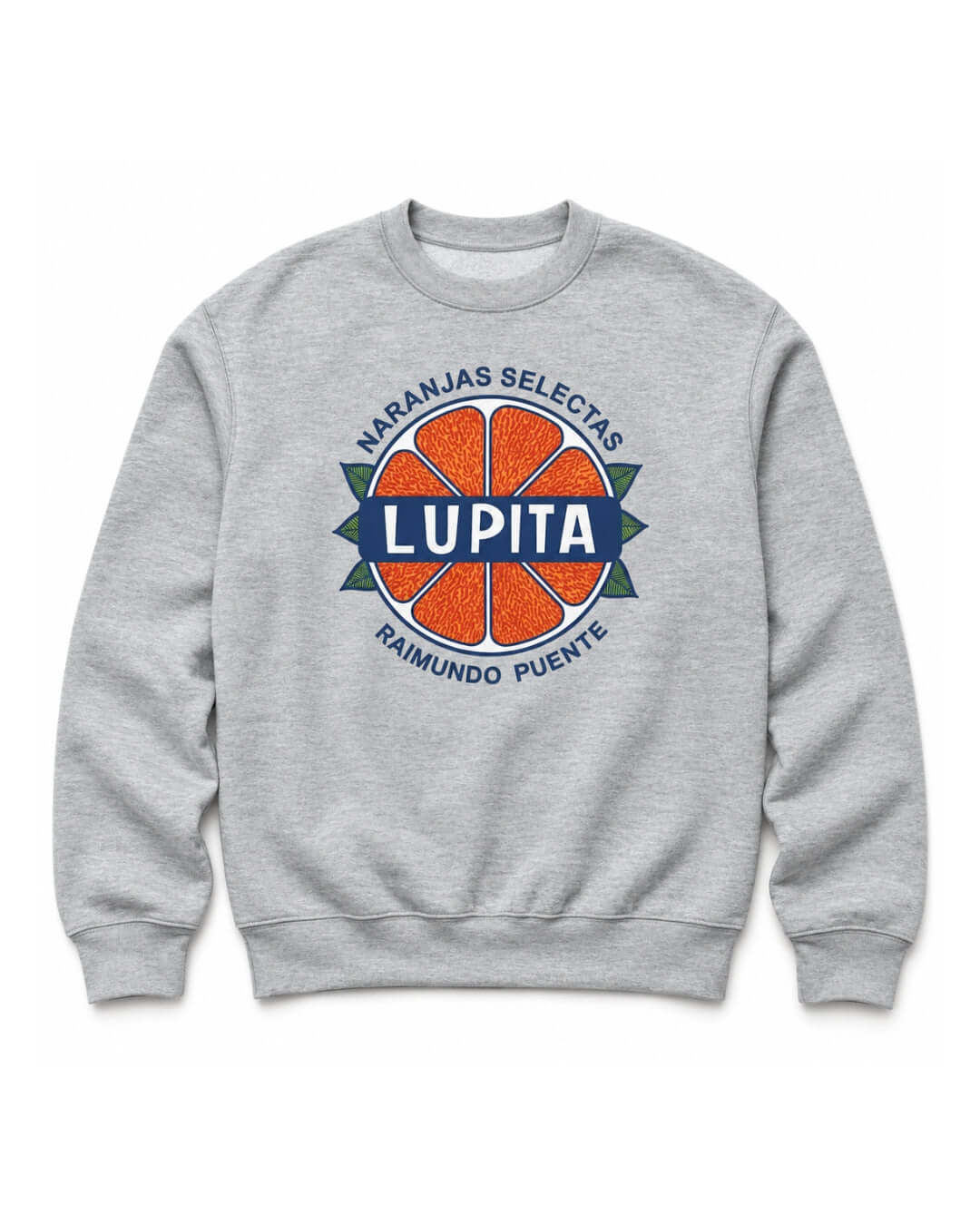 BINKY Lupita Naranjas Heavy Sweater in Athletic Heather, front view with orange, green and navy citrus graphic.