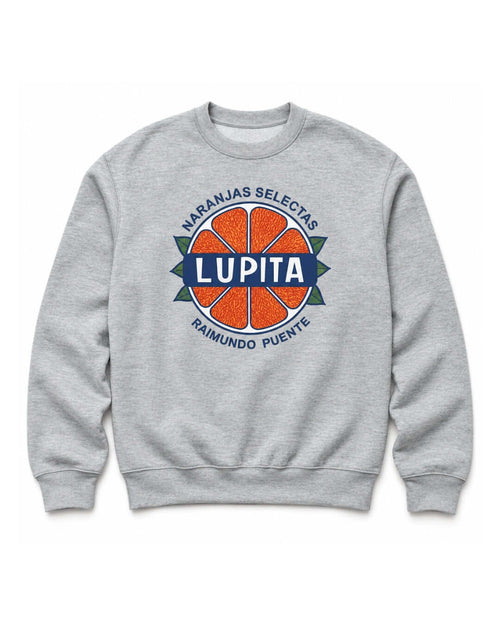 BINKY Lupita Naranjas Heavy Sweater in Athletic Heather, front view with orange, green and navy citrus graphic.