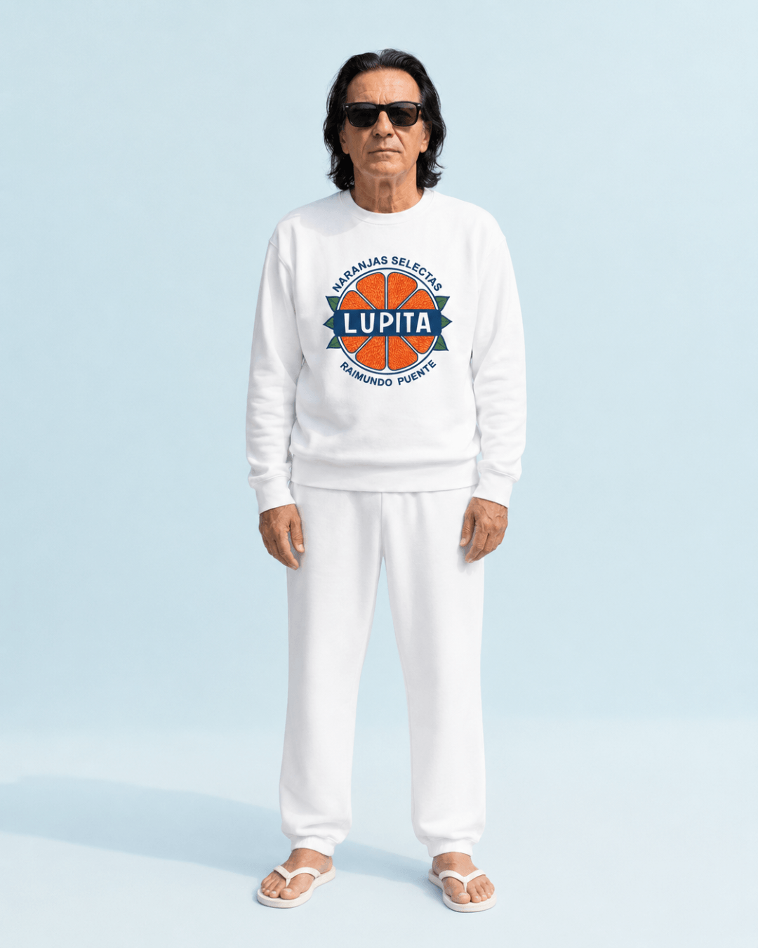 Lupita Naranjas Heavy Sweater worn by a man, featuring colorful graphics and a stylish design.