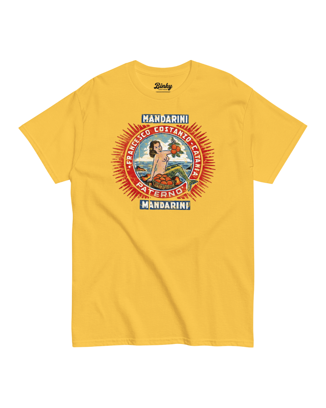 Mandarini Catania T-Shirt | Sicilian Vintage featuring a vibrant design on a yellow background.