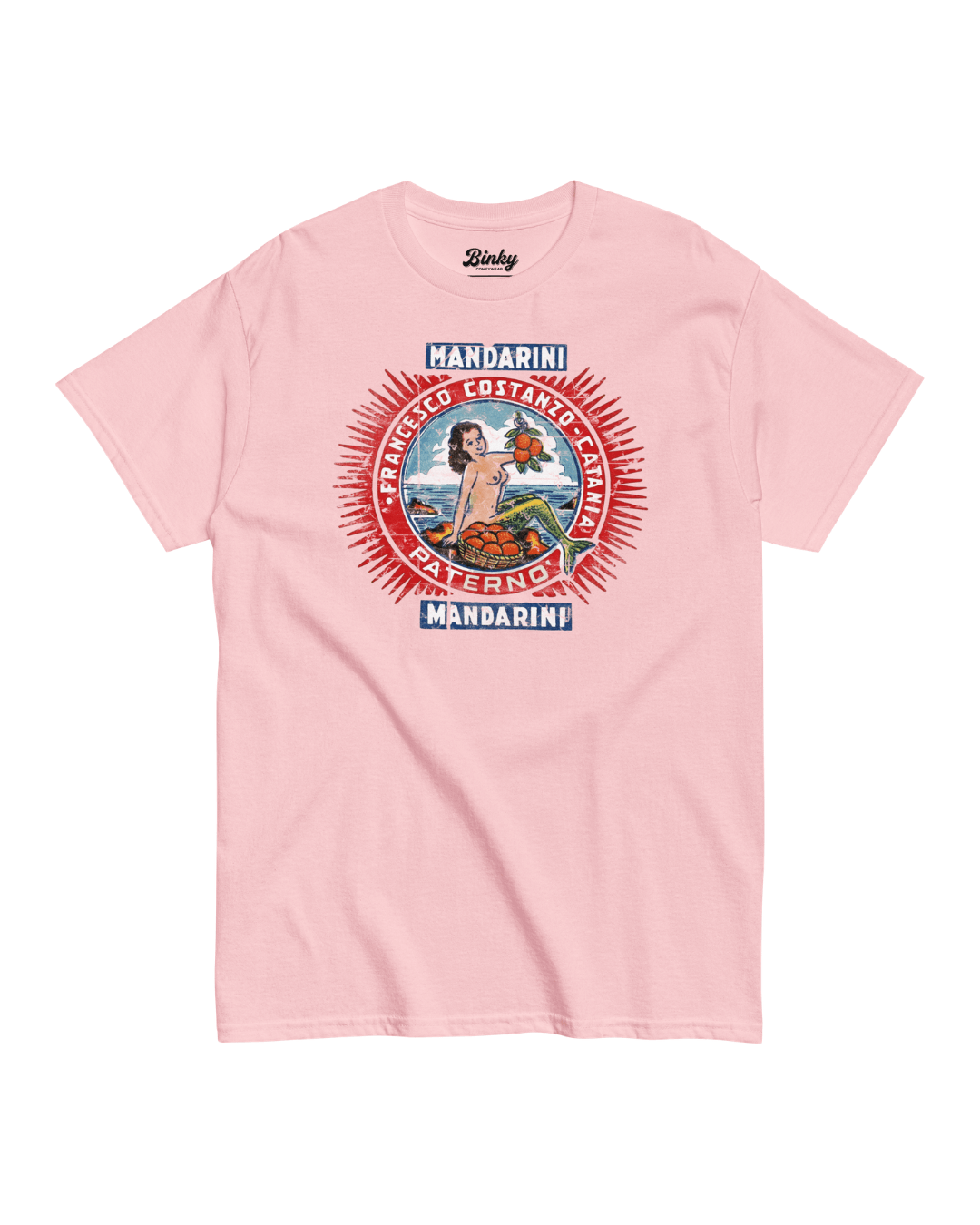 Mandarini Catania T-Shirt | Sicilian Vintage featuring vibrant graphic on a pink tee, inspired by Sicilian market culture.