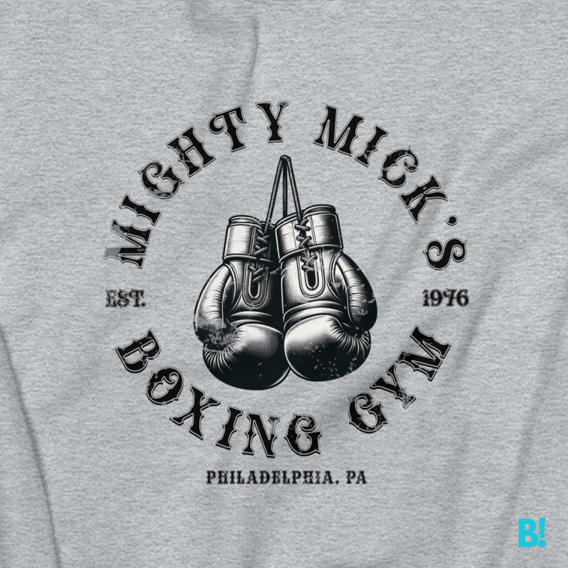 Mighty Mick's Boxing Gym Sweater with vintage boxing gloves design, grey color, nostalgic sportswear for Rocky fans.