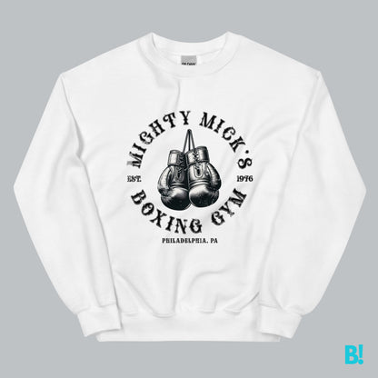 Mighty Mick's Boxing Gym sweater in white featuring vintage boxing gloves design, made from soft cotton blend for comfort and nostalgia.