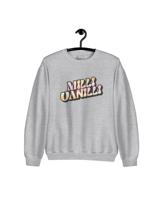 MILLI VANILLI Sweater in grey with colorful graphic print, celebrating 90's nostalgia and pop culture.