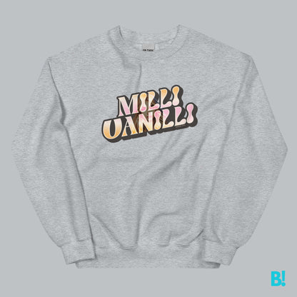 Add a splash of 90s Nostalgia to your wardrobe with the Milli Vanilli Sweater. Featuring a playful ice cream color palette, this sweater is a pure tribute to the iconic Pop Duo. Made from a super-soft 50/50 cotton-polyester blend, it’s available in white,